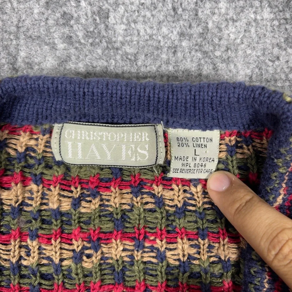 Christopher Hayes Cardigan Mens Large Blue Cotton Linen Chevron Knit Vintage